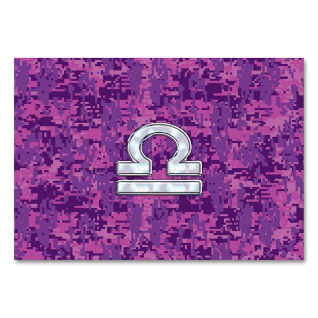 Libra Zodiac Sign on Fuchsia Digital Camo Table Number (Front)