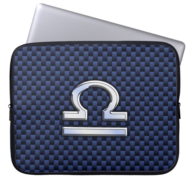Libra Zodiac Sign on Navy Carbon Fibre Style Laptop Sleeve (Front)