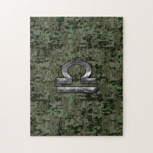 Libra Zodiac Sign on Woodland Green digital camo Jigsaw Puzzle