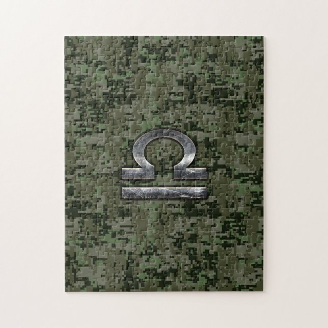 Libra Zodiac Sign on Woodland Green digital camo Jigsaw Puzzle (Vertical)