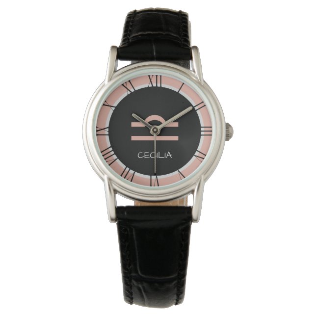Libra Zodiac Sign Rose Pink Black Custom Name Watch (Front)