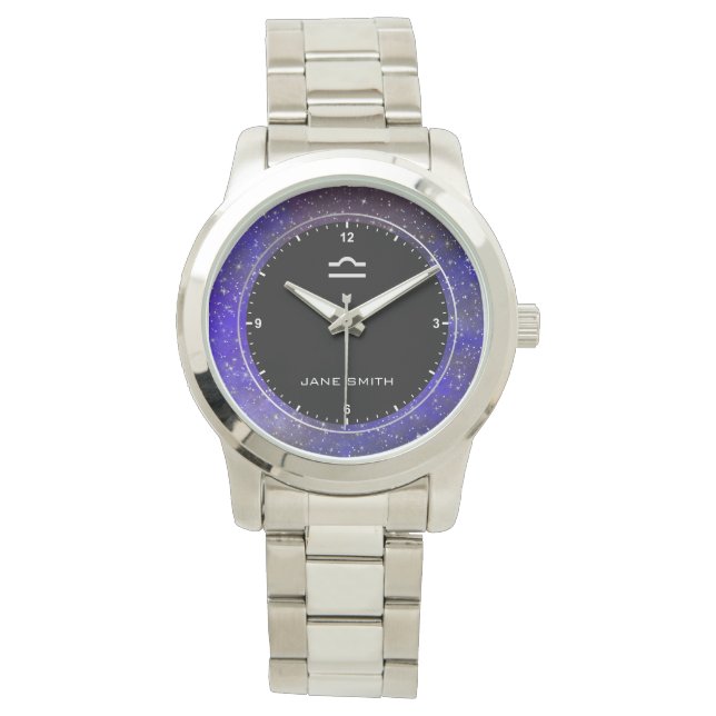 Libra Zodiac Sign Symbol Galaxy Stars Custom Name Watch (Front)