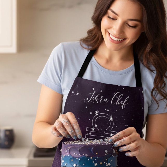 Libra Zodiac Star Sign Constellation Purple Galaxy Apron (It's Libra Season! Bake amazing cakes in these groovy purple astrology apron)