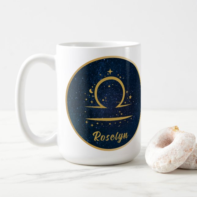 Libra zodiac symbol gold stars sky personalised  coffee mug (With Donut)