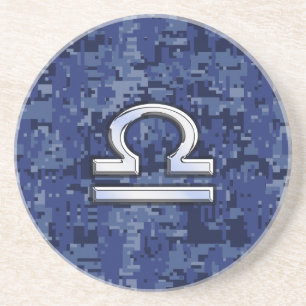 Libra Zodiac Symbol on Blue Digital Camouflage Coaster