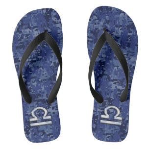 Libra Zodiac Symbol on Blue Digital Camouflage Thongs