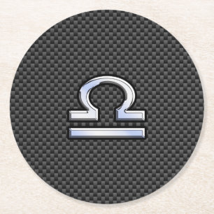 Libra Zodiac Symbol on Carbon Fibre Print Round Paper Coaster