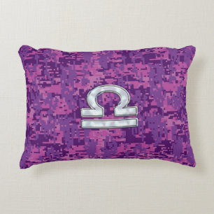 Libra Zodiac Symbol on Fuchsia Digital Camo Decorative Cushion
