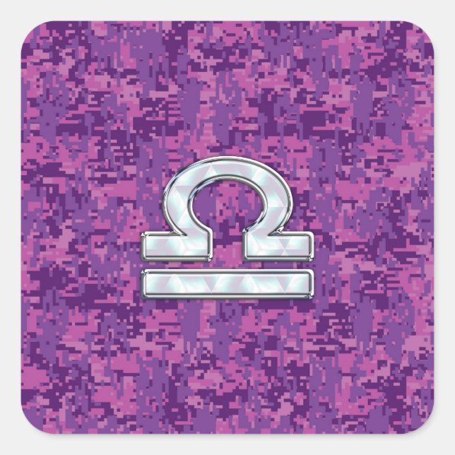 Libra Zodiac Symbol on Fuchsia Digital Camo Square Sticker (Front)