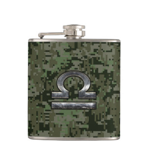 Libra Zodiac Symbol on Green Digital Camouflage Hip Flask