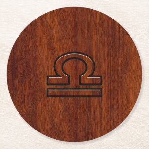 Libra Zodiac Symbol on mahogany style print Round Paper Coaster