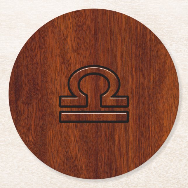 Libra Zodiac Symbol on mahogany style print Round Paper Coaster (Front)