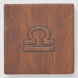 Libra Zodiac Symbol on mahogany style print Stone Coaster