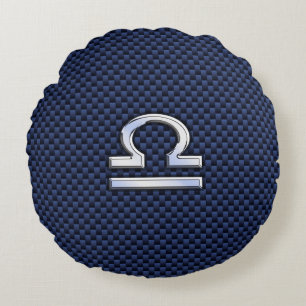 Libra Zodiac Symbol on Navy Blue Carbon Fibre Round Cushion