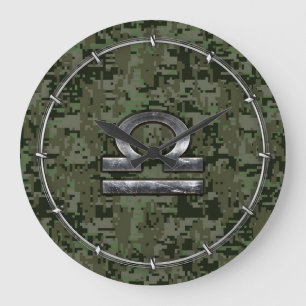 Libra Zodiac Symbol on olive green digital camo Large Clock