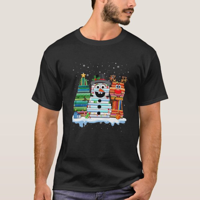 Librarian Book Lover Christmas Book Stack Reindeer T-Shirt (Front)