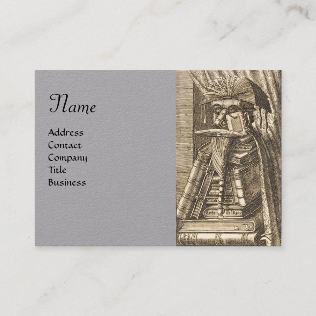 LIBRARIAN PORTRAIT WITH BOOKS Grey Paper Business Card (Front)