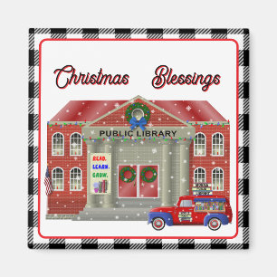 Library and little red truck mobile library magnet