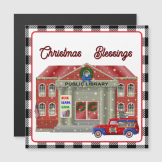Library and little red truck mobile library magnetic invitation