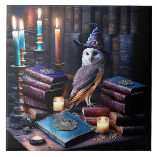 Library and Owl with Candles Mystical Books Ceramic Tile