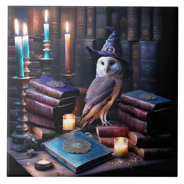 Library and Owl with Candles Mystical Books Ceramic Tile (Front)