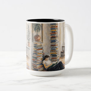 Library art book stack reader gift Two-Tone coffee mug