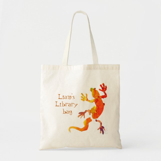 Library bag with kid's name cute gecko lizard (Front)