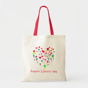 Library bag with kid's name cute hearts art
