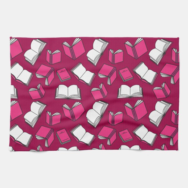 Library Books Fun Librarian Bookworm Pink Tea Towel (Horizontal)