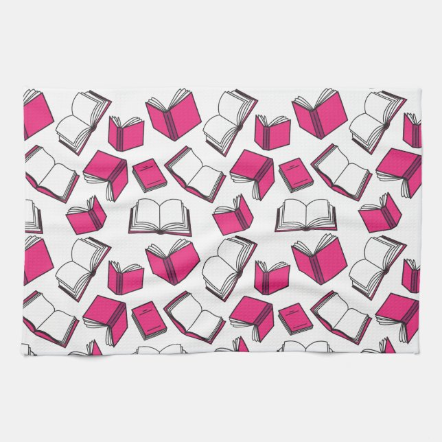 Library Books Fun Librarian Bookworm Pink White Tea Towel (Horizontal)