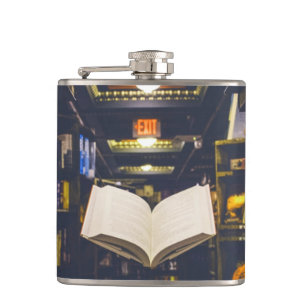 Library Books Shelves Open Book Read Hip Flask