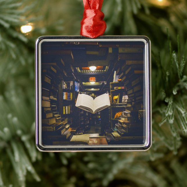 Library Books Shelves Open Book Read Metal Ornament (Tree)