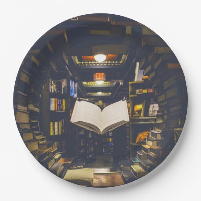 Library Books Shelves Open Book Read Paper Plate (Front)