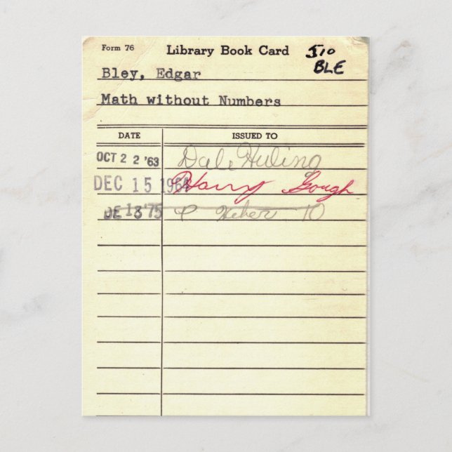 Library Card 510 Math Without Numbers (Front)