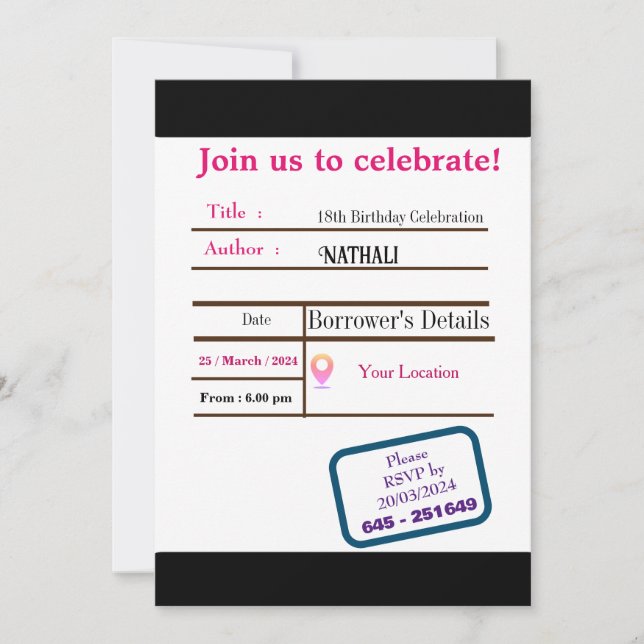 Library Card Birthday Invitation (Front)