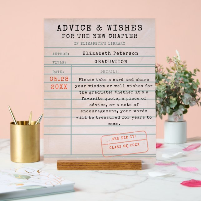 Library Card Book Theme Graduation Advice Wishes Acrylic Sign (Wedding)