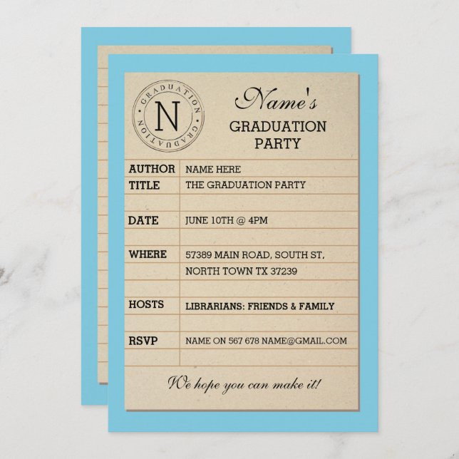 Library Card Graduation Party Blue Book Invite (Front/Back)