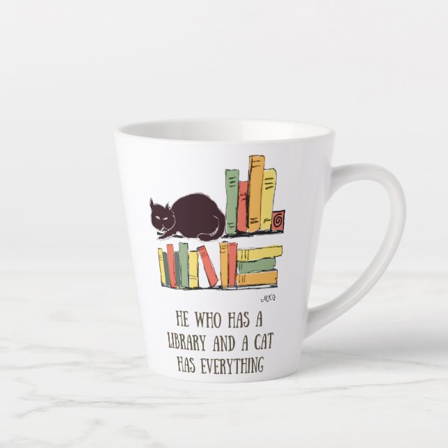 Library Cat Hand-Drawn Black Cat with Books Latte Mug (Right)