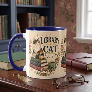 Library Cat Society Bookish Calico Beige Mug