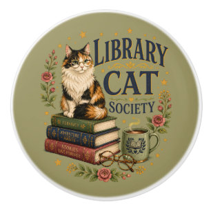Library Cat Society Bookish Calico Ceramic Knob