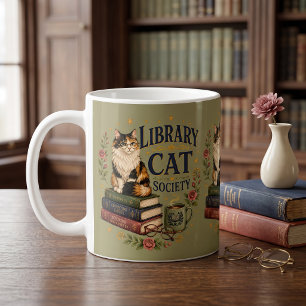 Library Cat Society Bookish Calico Green Coffee Mug