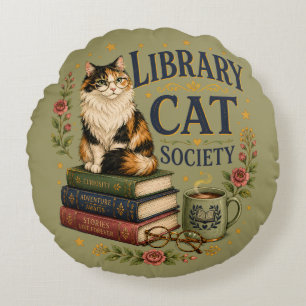 Library Cat Society Bookish Calico Round Cushion
