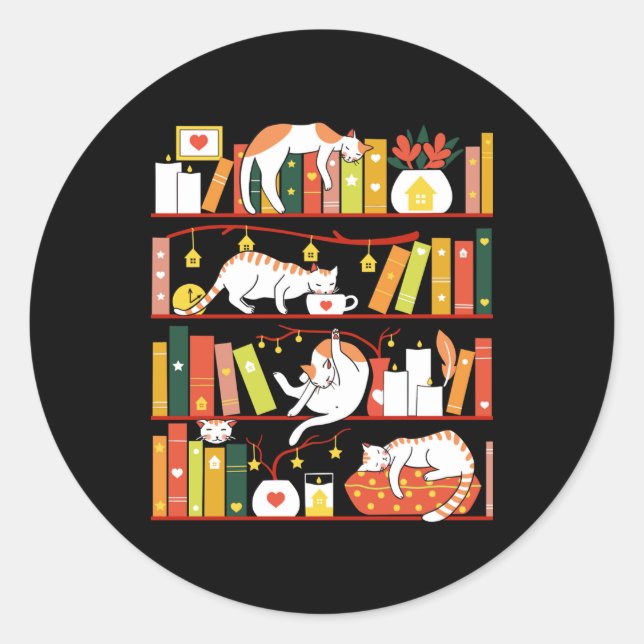Library cats autumn colour version classic round sticker (Front)