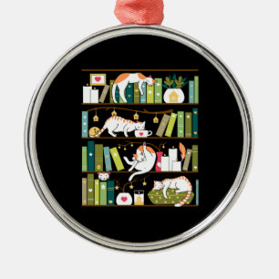 Library cats - whimsical cats on the book shelves metal ornament