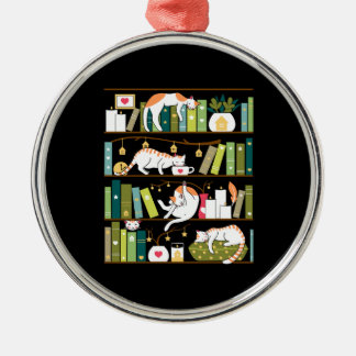 Library cats - whimsical cats on the book shelves metal ornament