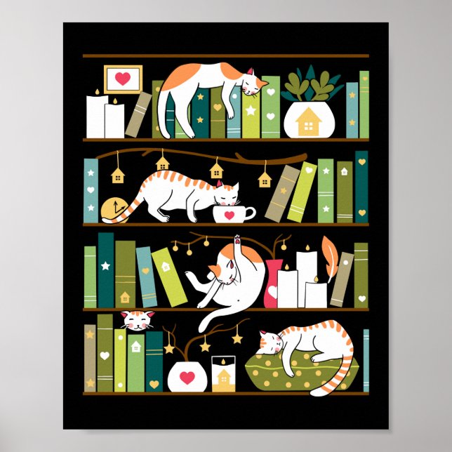 Library cats - whimsical cats on the book shelves poster (Front)