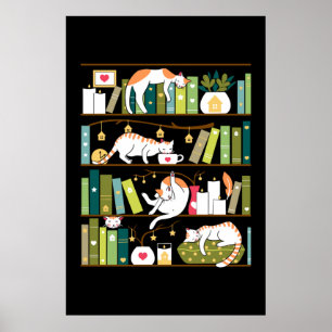 Library cats - whimsical cats on the book shelves poster