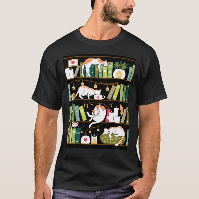 Library cats - whimsical cats on the book shelves  T-Shirt (Front)