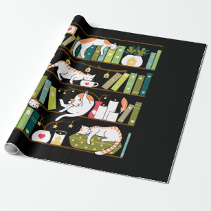 Library cats - whimsical cats on the book shelves wrapping paper