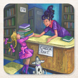 Library Check Out Square Paper Coaster